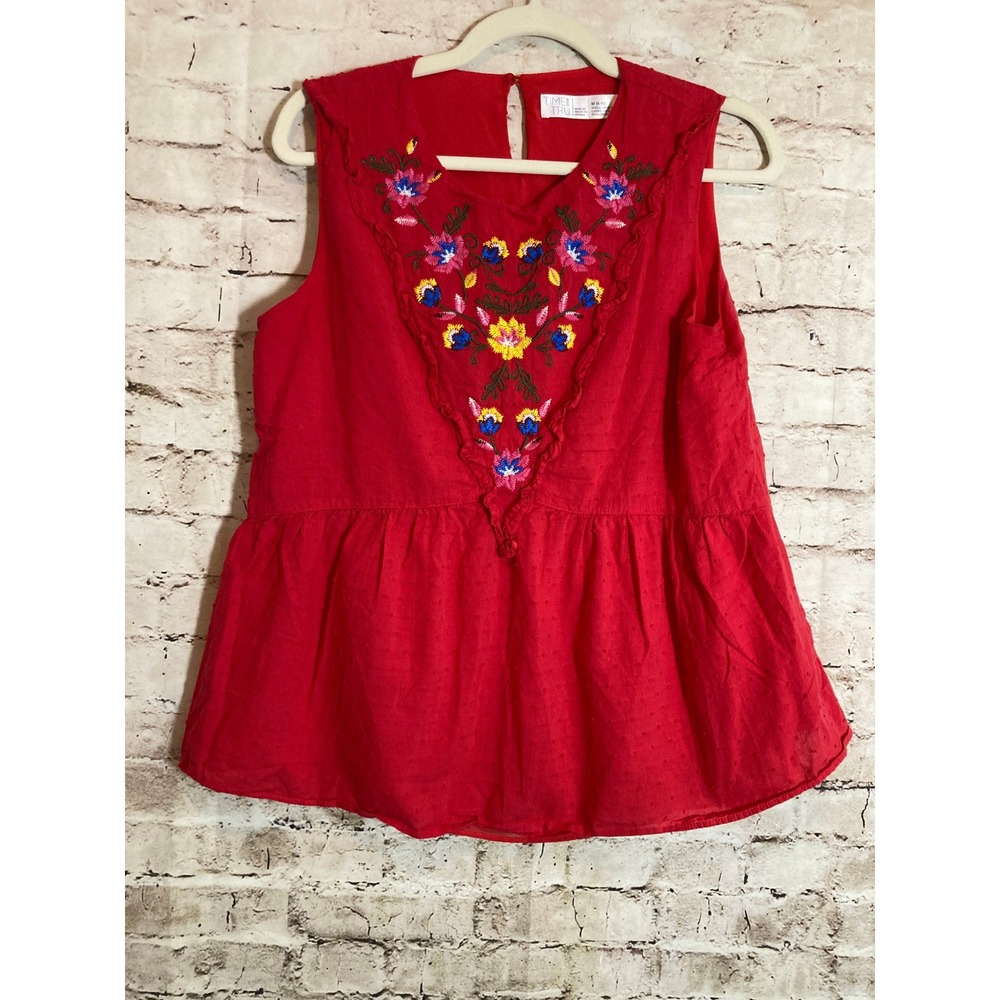 Time and Tru Top Medium Red‎ Embroidered Peplum Sleeveless Ruffle Trim Cotton